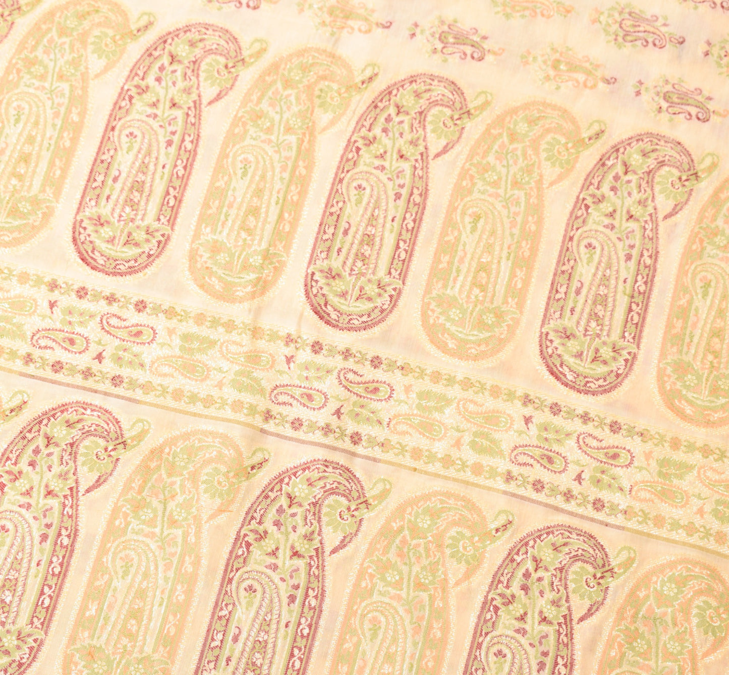 Sushila Vintage HEAVY Cream Saree Pure Tussar Silk Paisley Woven 5YD Sari Fabric