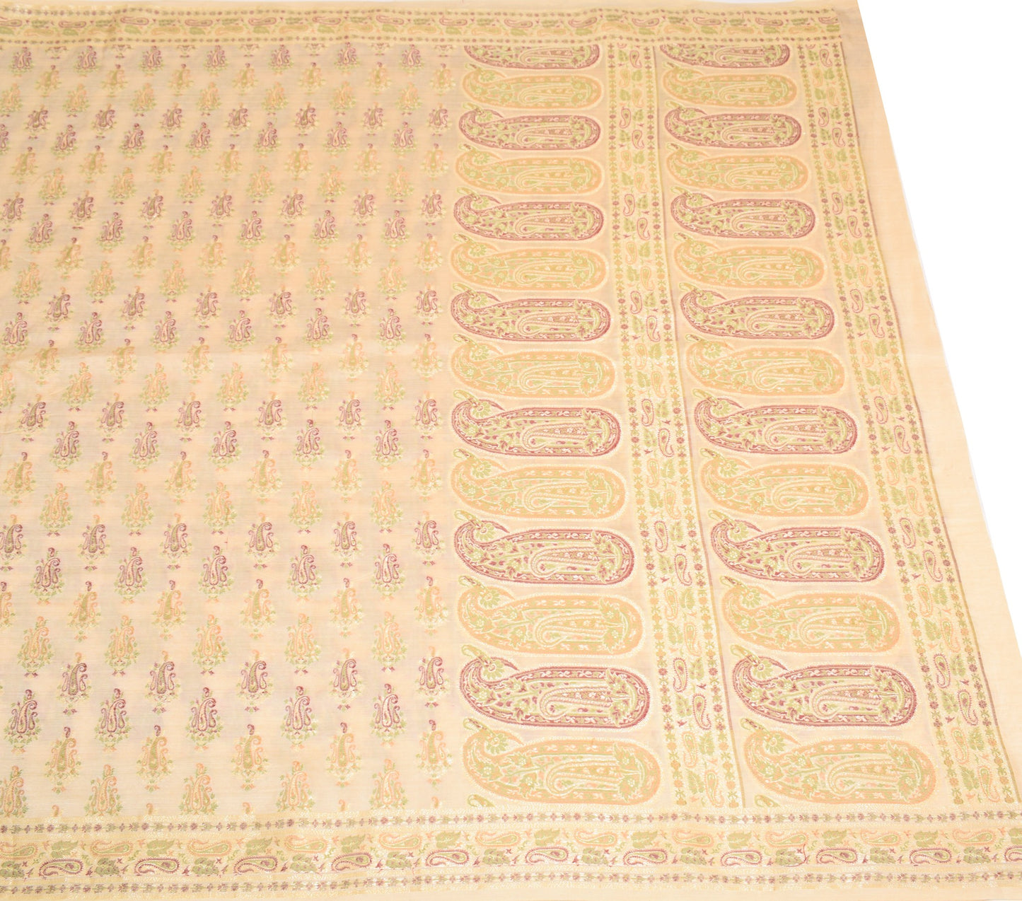 Sushila Vintage HEAVY Cream Saree Pure Tussar Silk Paisley Woven 5YD Sari Fabric