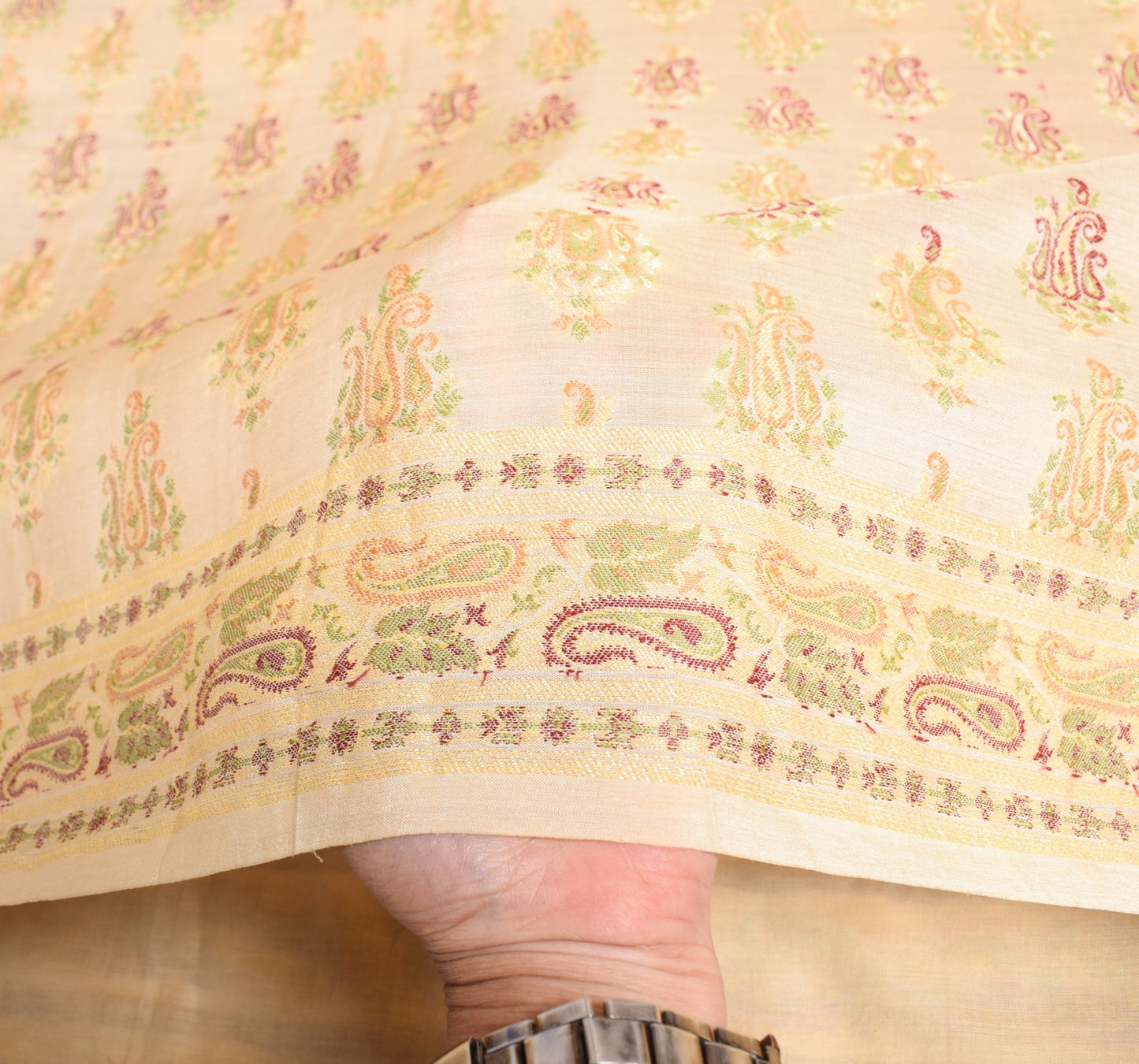 Sushila Vintage HEAVY Cream Saree Pure Tussar Silk Paisley Woven 5YD Sari Fabric