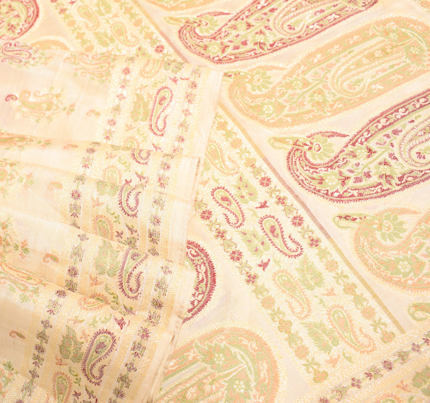 Sushila Vintage HEAVY Cream Saree Pure Tussar Silk Paisley Woven 5YD Sari Fabric