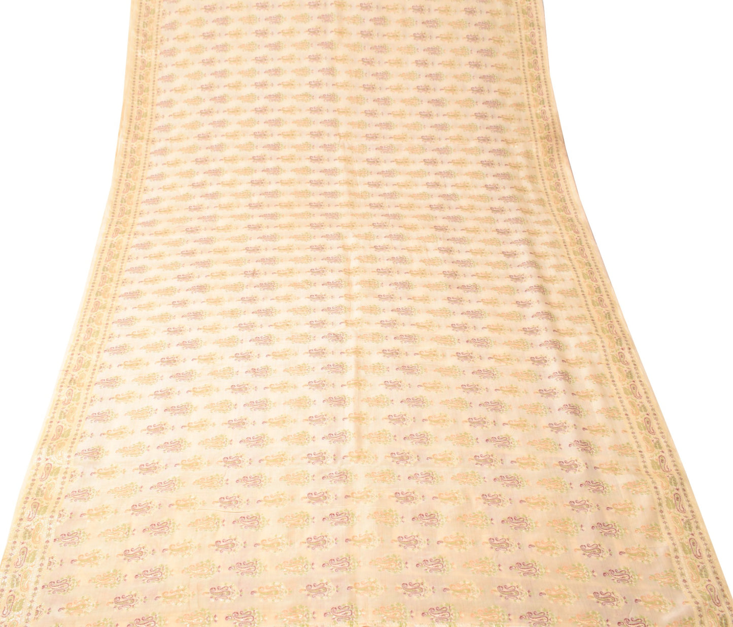 Sushila Vintage HEAVY Cream Saree Pure Tussar Silk Paisley Woven 5YD Sari Fabric