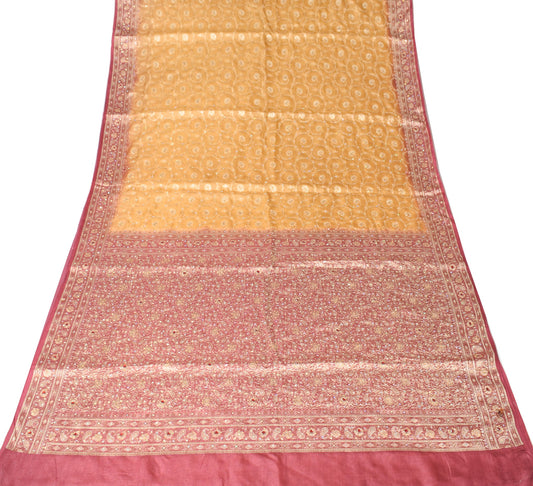 Sushila Vintage Mustard HEAVY Saree Pure Tuaasr Silk Woven Wedding Sari Fabric