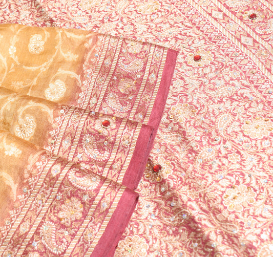 Sushila Vintage Mustard HEAVY Saree Pure Tuaasr Silk Woven Wedding Sari Fabric