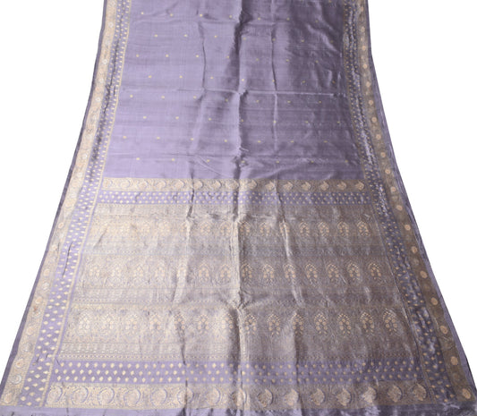 Sushila Vintage Greyish Blue Saree Floral Zari Woven Pure Silk 5YD Sari Fabric