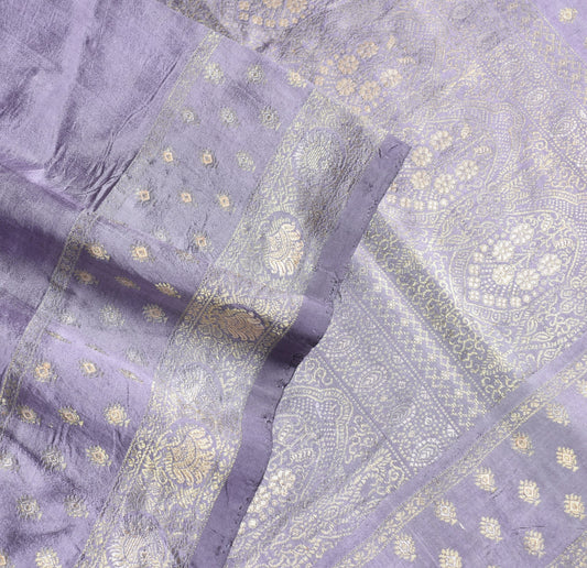 Sushila Vintage Greyish Blue Saree Floral Zari Woven Pure Silk 5YD Sari Fabric