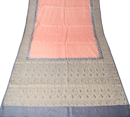 Sushila Vintage Pink Gray Saree Pure Tussar Silk Woven Beaded Stone Sari Fabric