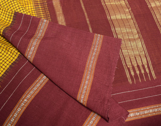 Sushila Vintage Yellow Ilkal Saree Maroon Border Pure Cotton Silk Checks Sari