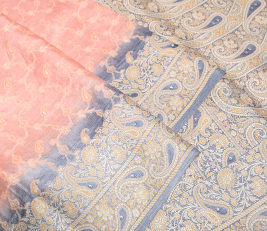 Sushila Vintage Pink Gray Saree Pure Tussar Silk Woven Beaded Stone Sari Fabric