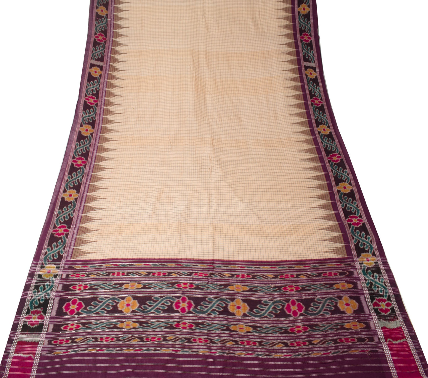 Sushila Vintage Cream Saree Pure Cotton Hand Woven Sambalpuri Ikat Patola Fabric