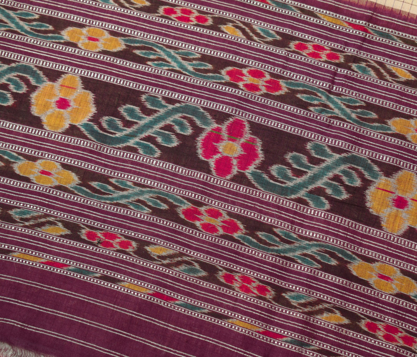 Sushila Vintage Cream Saree Pure Cotton Hand Woven Sambalpuri Ikat Patola Fabric