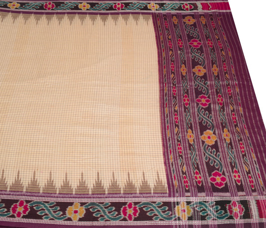 Sushila Vintage Cream Saree Pure Cotton Hand Woven Sambalpuri Ikat Patola Fabric
