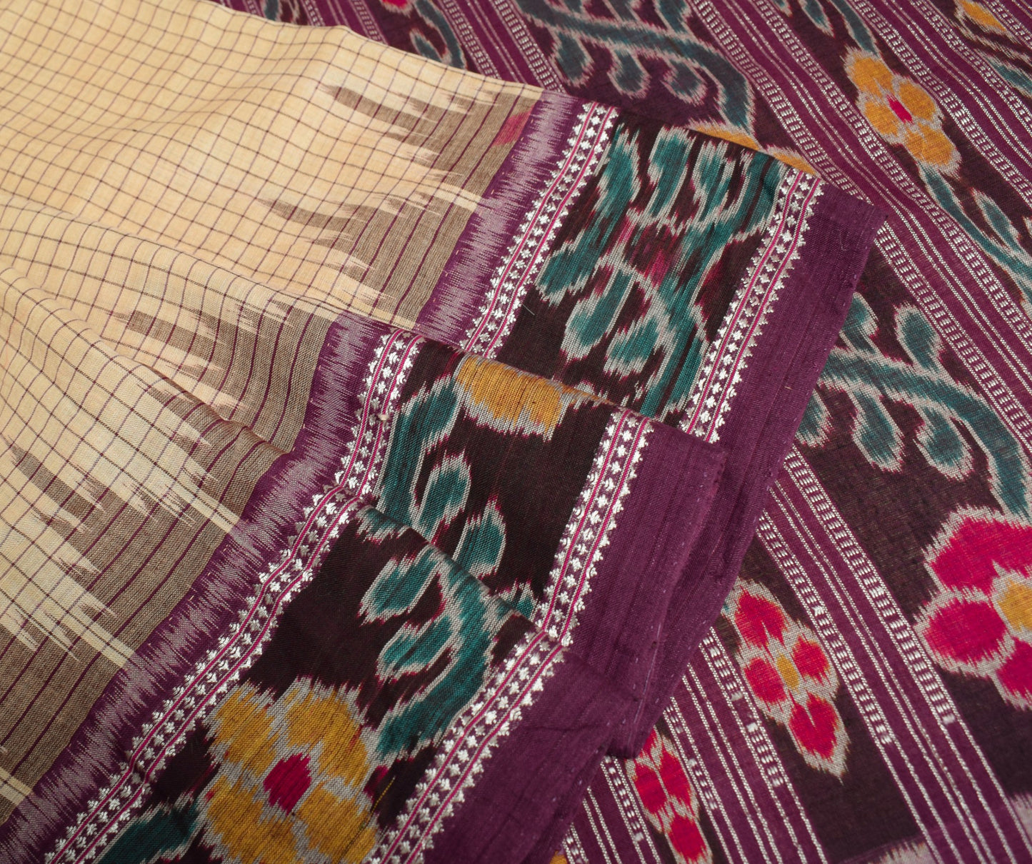 Sushila Vintage Cream Saree Pure Cotton Hand Woven Sambalpuri Ikat Patola Fabric