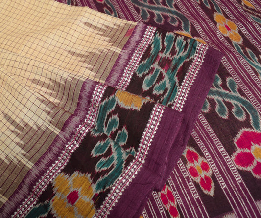 Sushila Vintage Cream Saree Pure Cotton Hand Woven Sambalpuri Ikat Patola Fabric