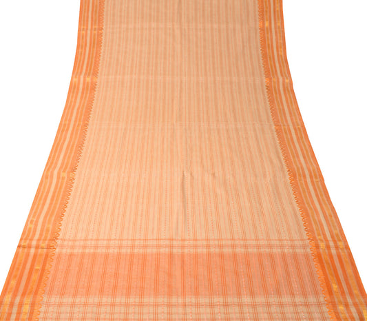 Sushila Vintage Pure Cotton Saree Stripes Woven Broad Border Brown Sari Fabric