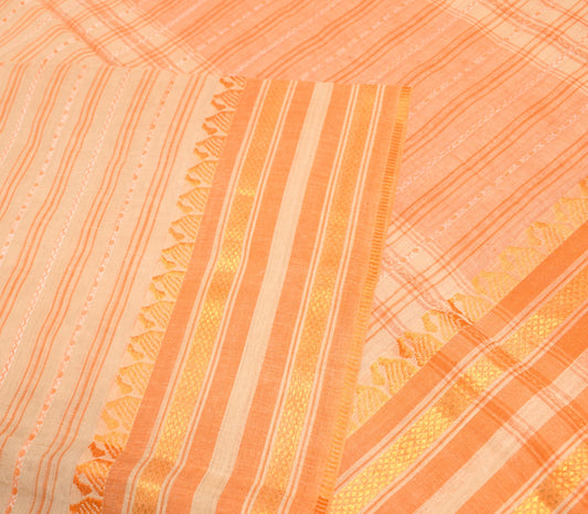 Sushila Vintage Pure Cotton Saree Stripes Woven Broad Border Brown Sari Fabric
