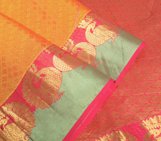 Sushila Vintage Pure Silk Saree Yellow & Magenta Hand Woven Brocade Sari Fabric