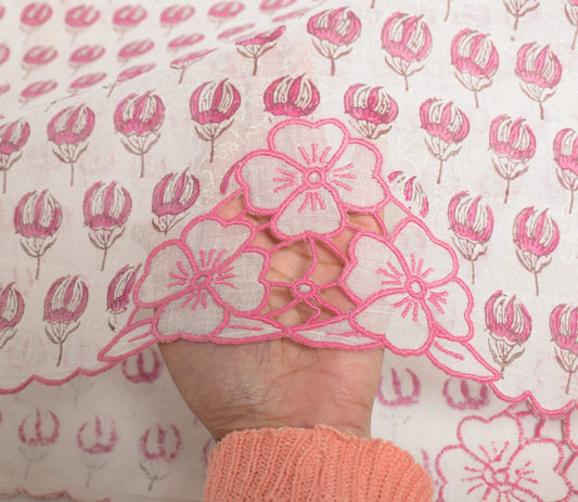 Sushila Vintage White Floral Saree Pure Cotton Block Print Cutwork Sari Fabric