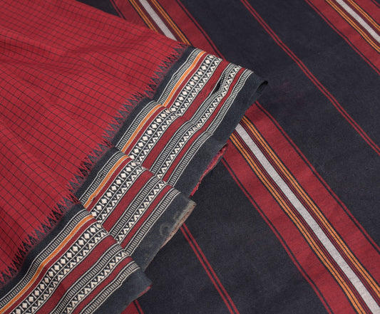 Sushila Vintage Handloom Ilkal Saree Art Cotton Maroon Checks Woven Sari Fabric