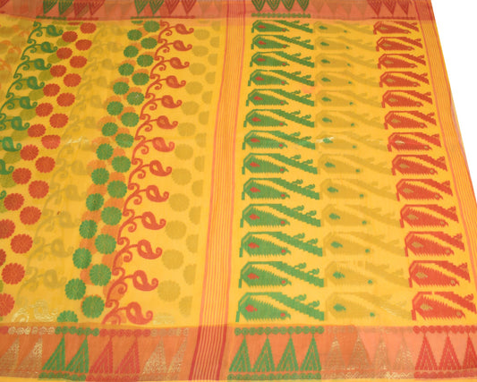 Sushila Vintage Yellow and Red Sari Bengal handloom Jamdani Cotton Silk Saree