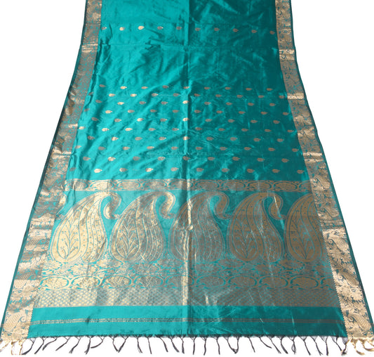 Sushila Vintage Teal Green Saree Woven Zari Brocade Art Silk Sari Craft Fabric