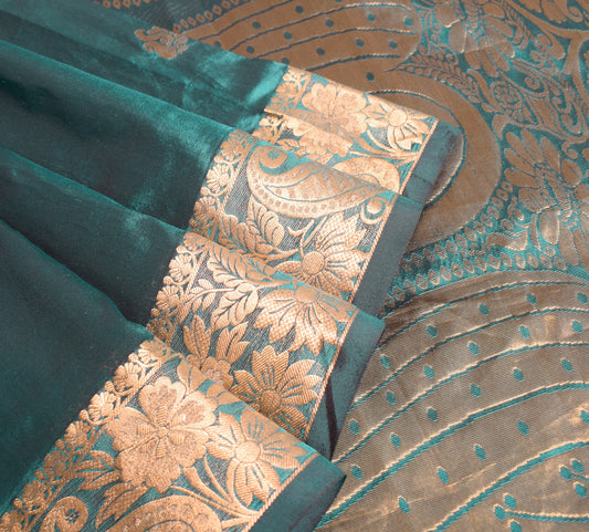 Sushila Vintage Teal Green Saree Woven Zari Brocade Art Silk Sari Craft Fabric