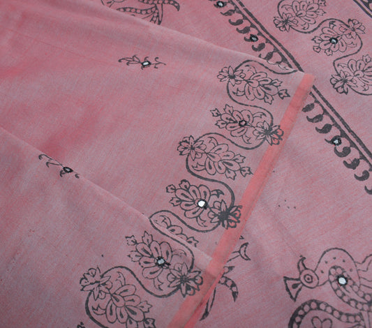 Sushila Vintage Maroon Saree Hand Block with Mirror Work Pure Cotton Sari Fabric