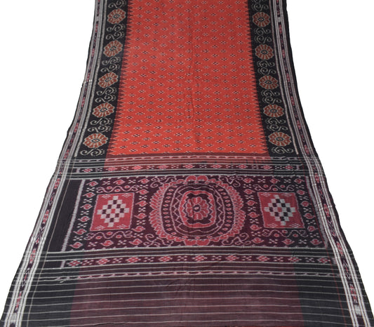 Sushila Vintage Brown Saree Sambalpuri Handloom Ikat Pure Cotton 5YD Sari Fabric