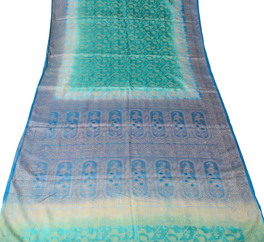 Sushila Vintage Teal Blue Saree All Over Woven Pure Tussar Silk Used Sari Fabric