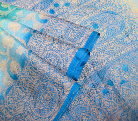 Sushila Vintage Teal Blue Saree All Over Woven Pure Tussar Silk Used Sari Fabric