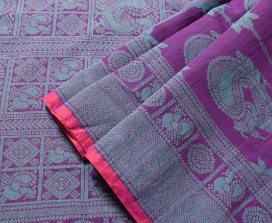 Sushila Vintage  Pure Cotton Silk Saree Purple Hand Woven Peacock Sari Fabric