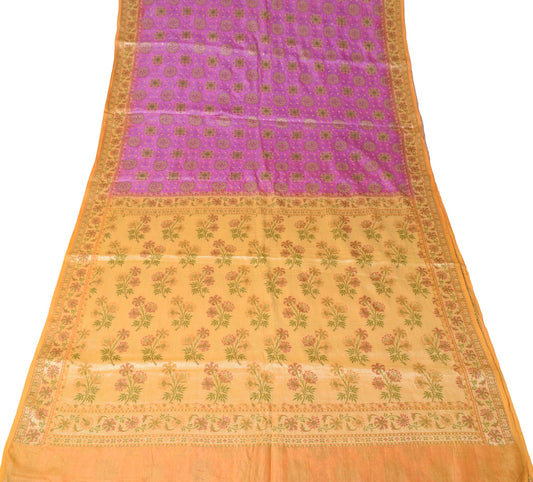 Sushila Vintage Pure Tussar Silk Saree Floral Woven Pink Mustard 5YD Sari Fabric