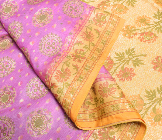 Sushila Vintage Pure Tussar Silk Saree Floral Woven Pink Mustard 5YD Sari Fabric