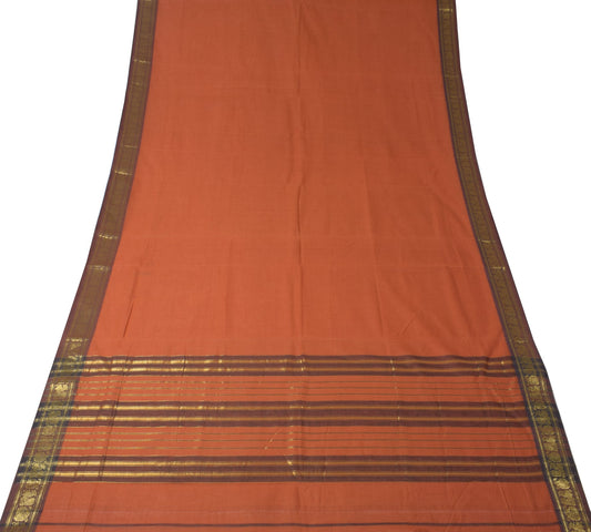 Sushila Vintage Brown Saree Gold Zari Woven Pure Cotton Chettind Sari 4YD Fabric