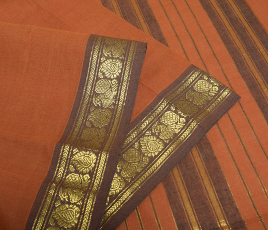 Sushila Vintage Brown Saree Gold Zari Woven Pure Cotton Chettind Sari 4YD Fabric