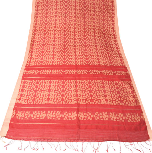Sushila Vintage Red Beige Saree Pure Silk leaf and Striped Woven 5YD Sari Fabric