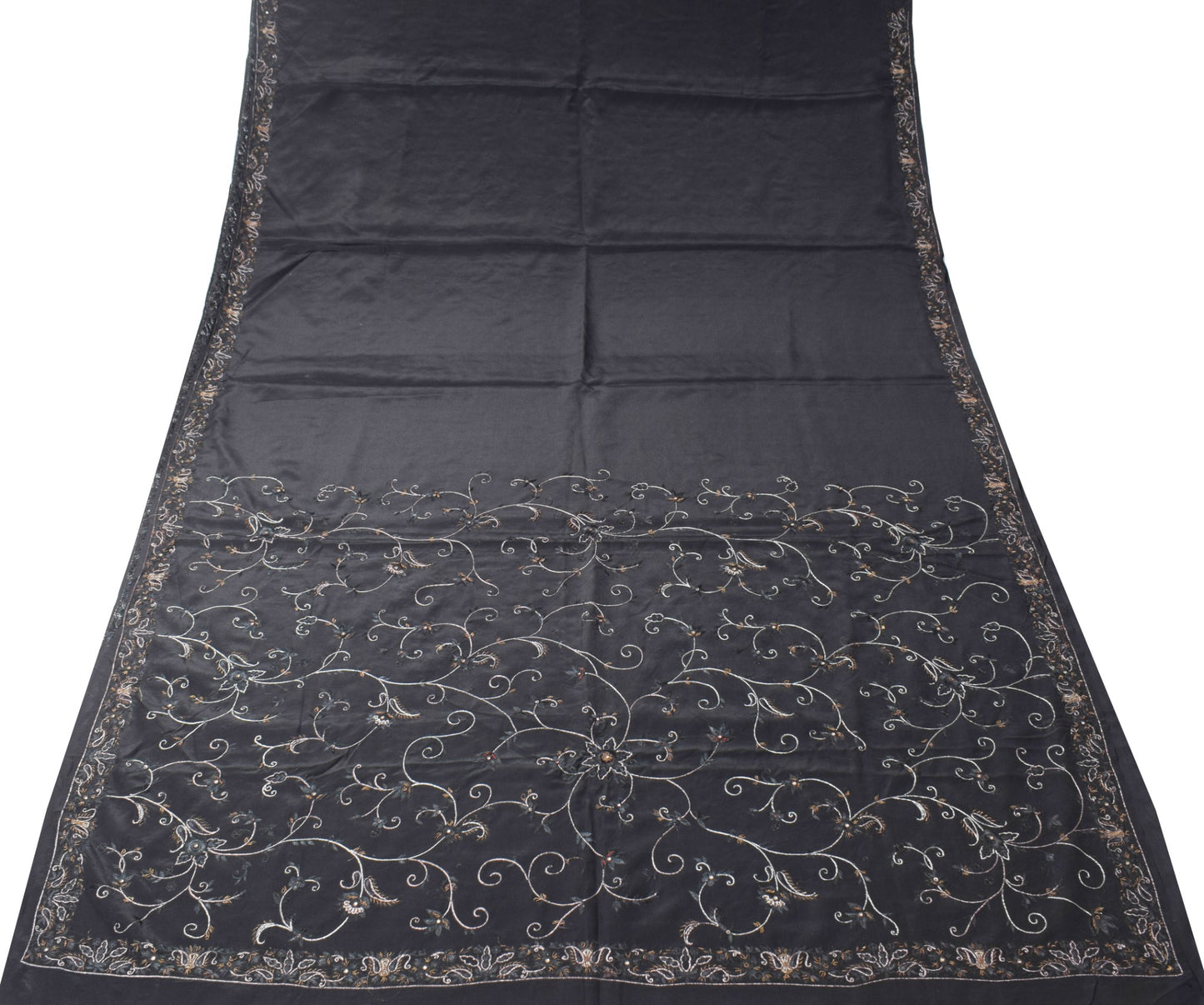 Sushila Vintage Pure Crepe Silk Saree Black Hand Embroidered Floral Sari Fabric