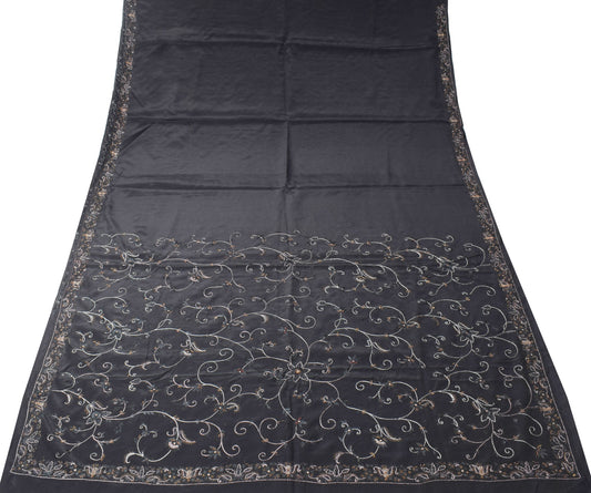 Sushila Vintage Pure Crepe Silk Saree Black Hand Embroidered Floral Sari Fabric