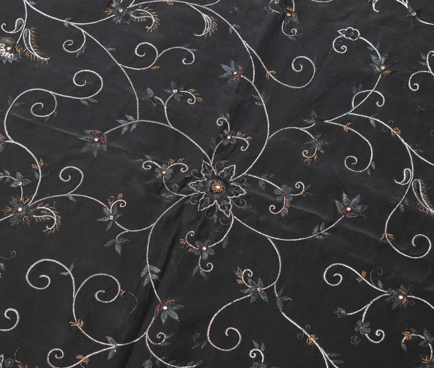 Sushila Vintage Pure Crepe Silk Saree Black Hand Embroidered Floral Sari Fabric