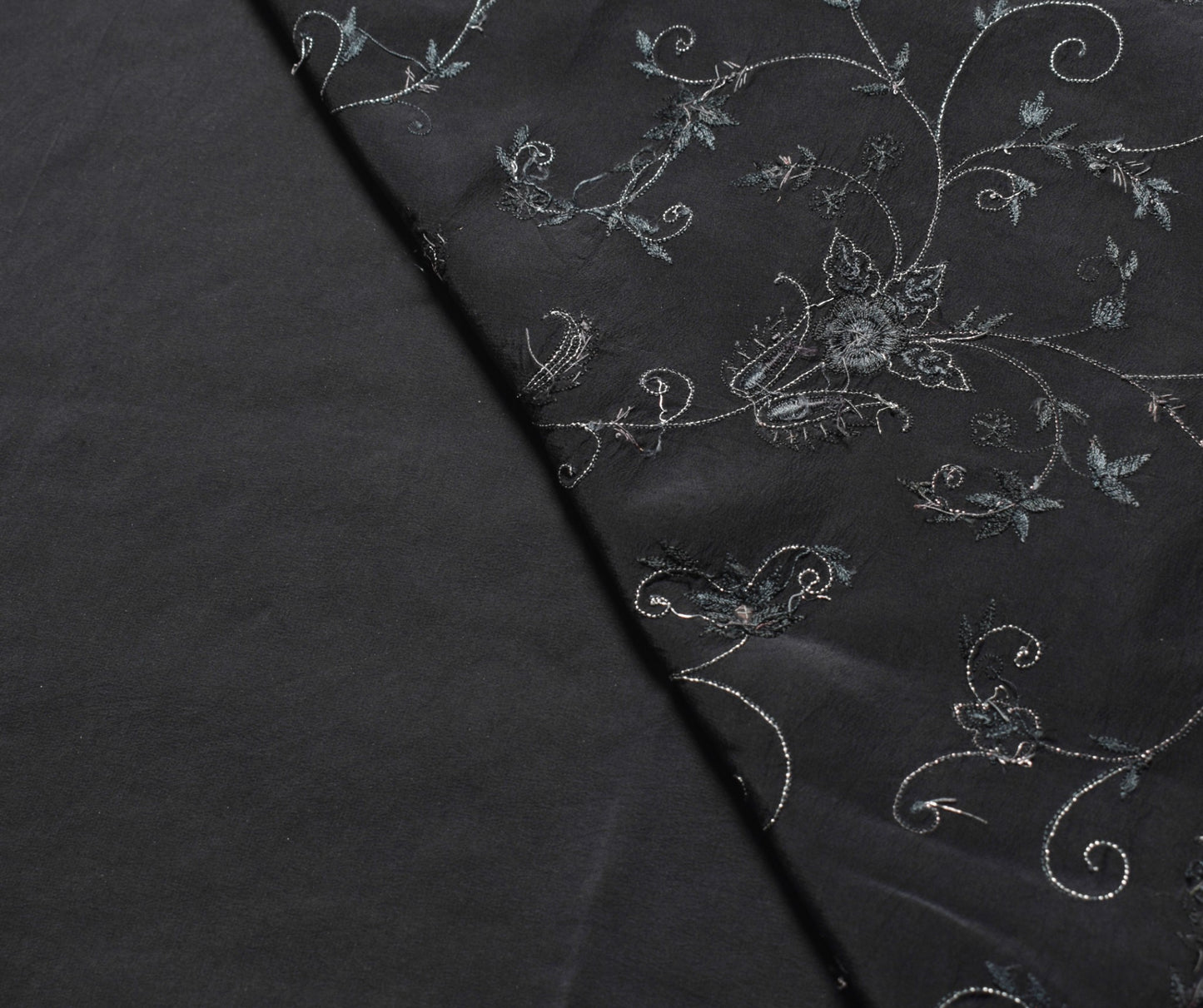 Sushila Vintage Pure Crepe Silk Saree Black Hand Embroidered Floral Sari Fabric