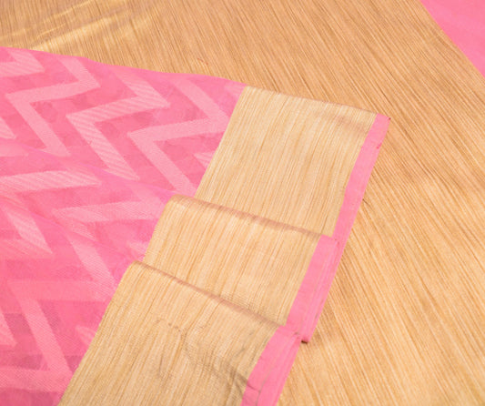 Sushila Vintage Woven Pink Saree Pure Cotton Silk Kota Doria Sari Craft Fabric