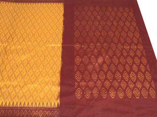 Sushila Vintage Pure Silk Saree Handwoven Ikat Patola Sari Yellow Maroon Fabric