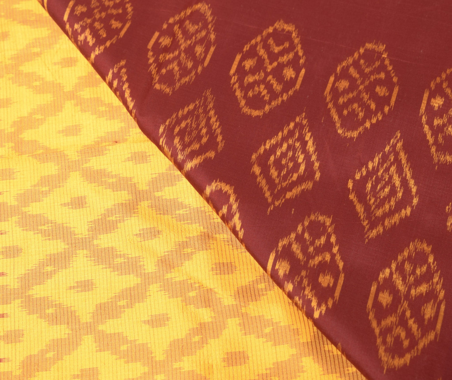 Sushila Vintage Pure Silk Saree Handwoven Ikat Patola Sari Yellow Maroon Fabric