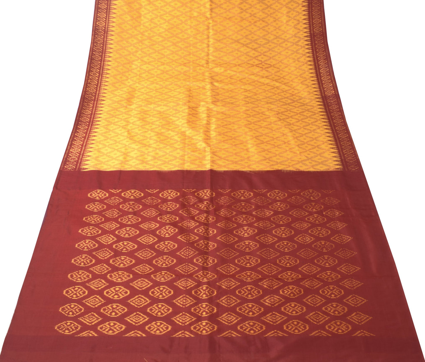 Sushila Vintage Pure Silk Saree Handwoven Ikat Patola Sari Yellow Maroon Fabric