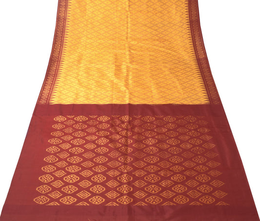 Sushila Vintage Pure Silk Saree Handwoven Ikat Patola Sari Yellow Maroon Fabric