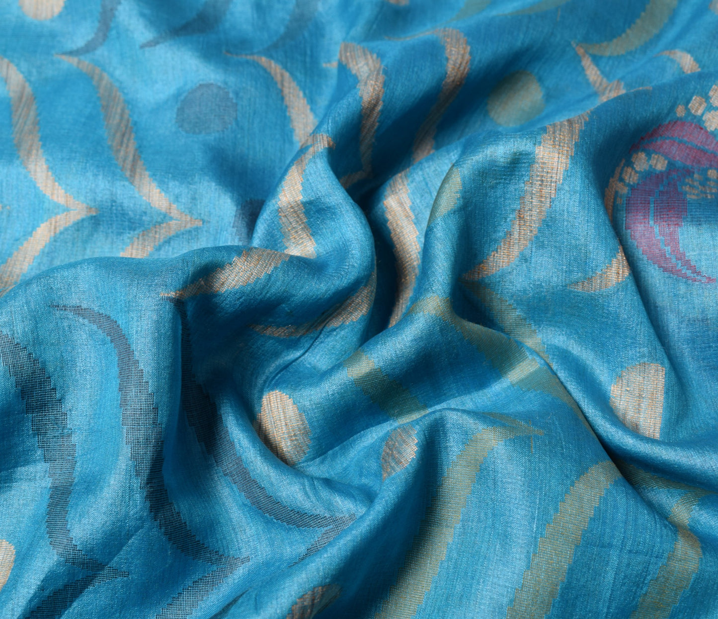 Sushila Vintage Turquoise Blue Saree Pure Tussar Silk Woven Floral Sari Fabric