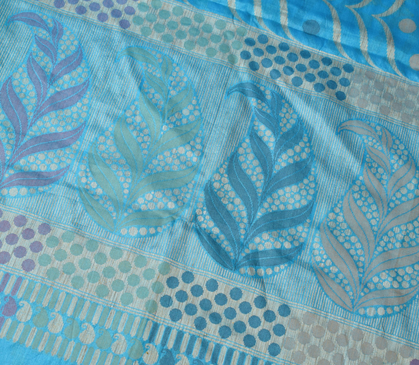 Sushila Vintage Turquoise Blue Saree Pure Tussar Silk Woven Floral Sari Fabric
