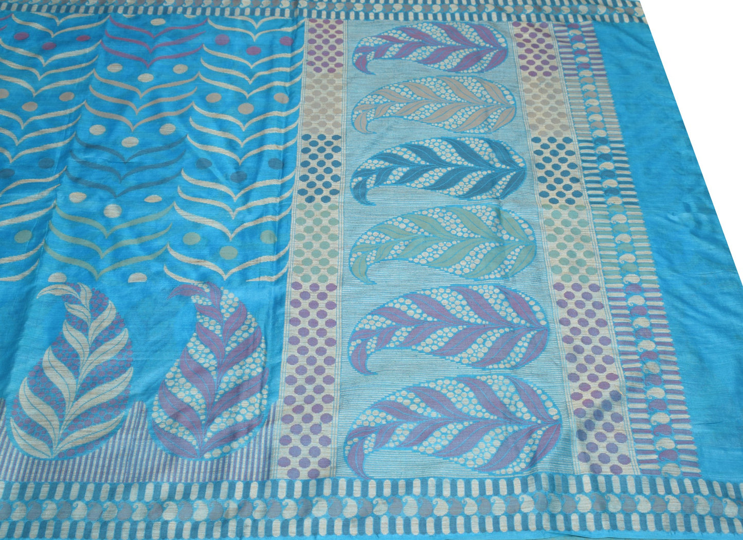 Sushila Vintage Turquoise Blue Saree Pure Tussar Silk Woven Floral Sari Fabric