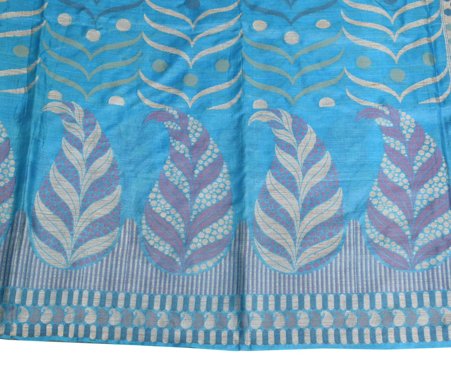 Sushila Vintage Turquoise Blue Saree Pure Tussar Silk Woven Floral Sari Fabric