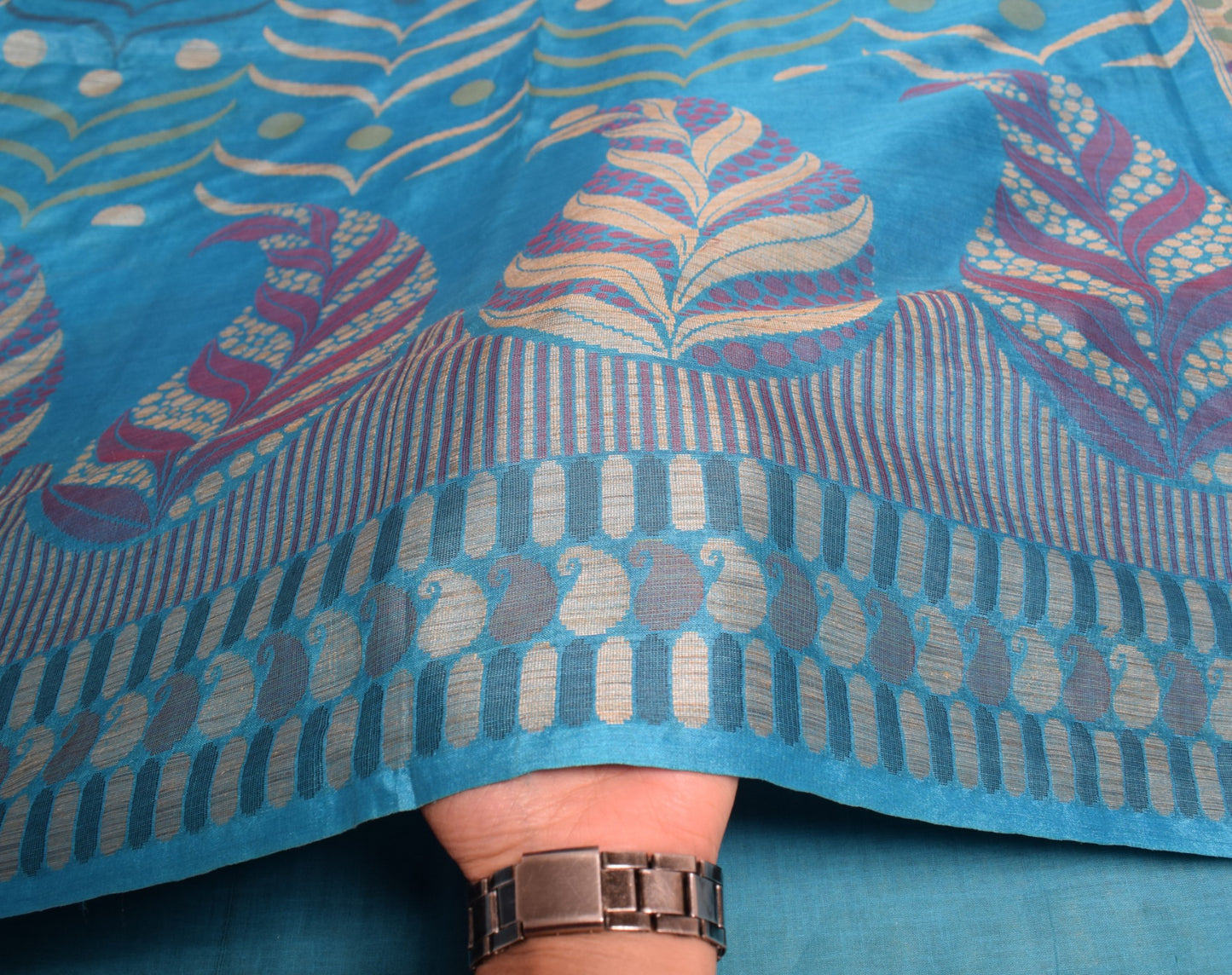 Sushila Vintage Turquoise Blue Saree Pure Tussar Silk Woven Floral Sari Fabric