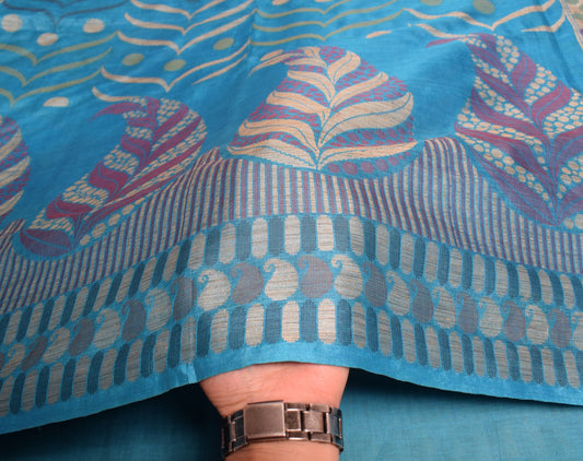 Sushila Vintage Turquoise Blue Saree Pure Tussar Silk Woven Floral Sari Fabric